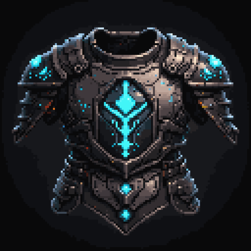 palettized-0122-1556726532-pixel art, cartoon illustration, cyberpunk tech armor plate, simple black background, game icon _lora_game_icon_diablo_style_SDX.png